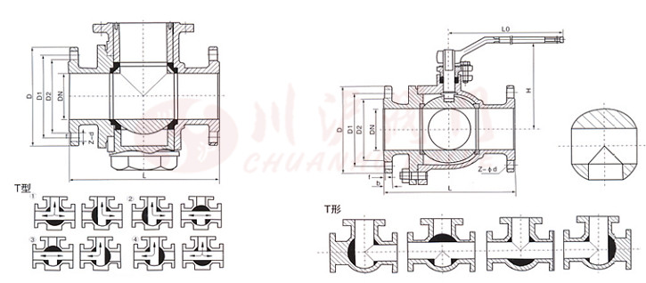 三通球閥T型(Q45F)結構圖